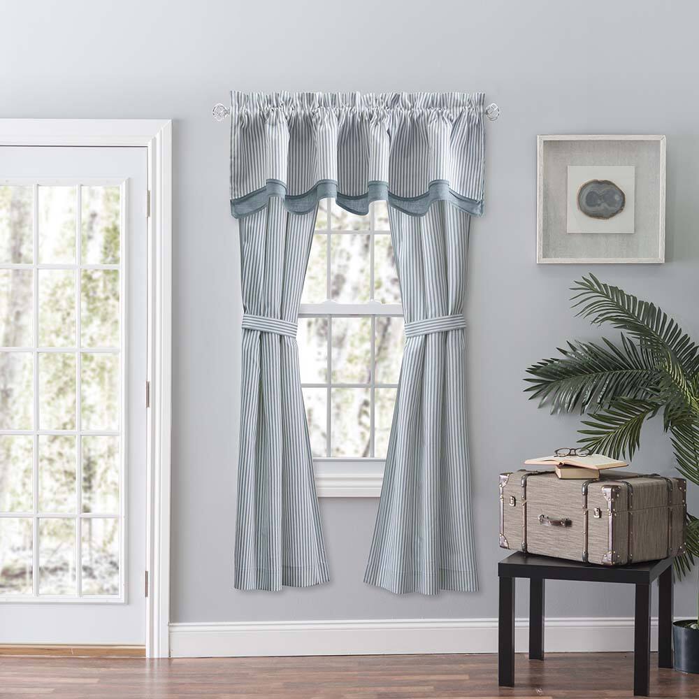 Left. Ellis Curtain - Ellis Curtain Plaza Classic Ticking Stripe Printed on Natural Ground 3" Rod Pocket Tailored Panel Pair 56" x 63" Blue - Blue.