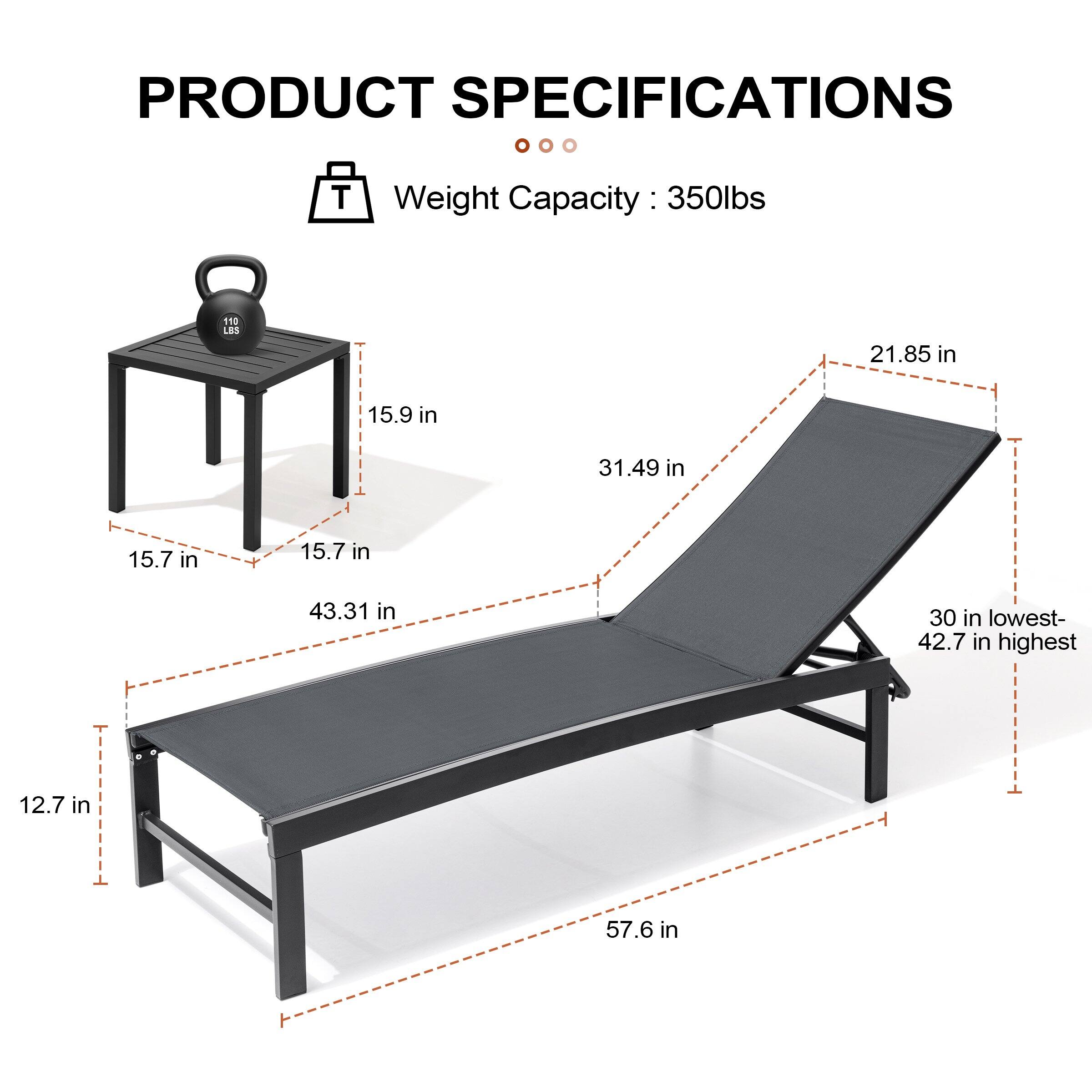 PRODUCT SPECIFICATIONS

Weight Capacity: 350lbs

- 15.9 in
- 15.7 in
- 15.7 in
- 21.85 in
- 31.49 in
- 43.31 in
- 12.7 in
- 57.6 in
- 30 in lowest- 42.7 in highest