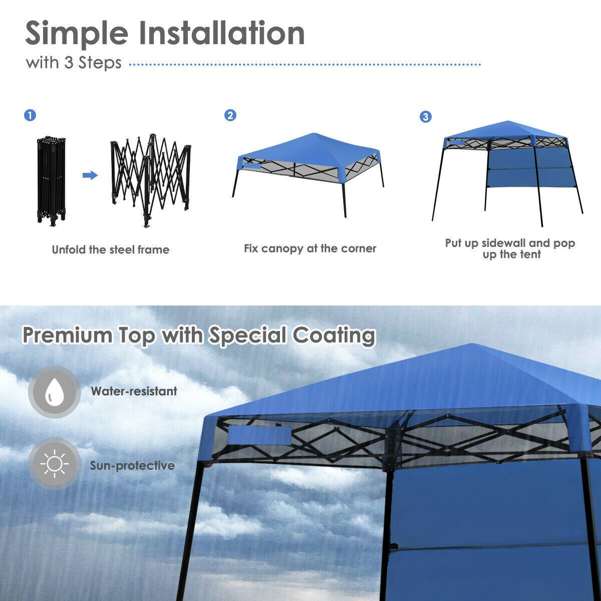 Simple Installation with 3 Steps:
1. Unfold the steel frame
2. Fix canopy at the corner
3. Put up sidewall and pop up the tent

Premium Top with Special Coating:
- Water-resistant
- Sun-protective