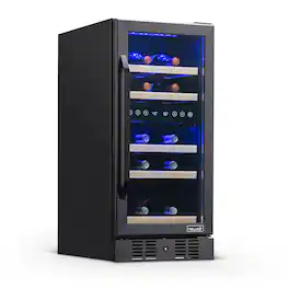NewAir - 15” Built-in 29 Bottle Dual Zone Compressor Wine Fridge with Beech Wood Shelves - Black Stainless Steel