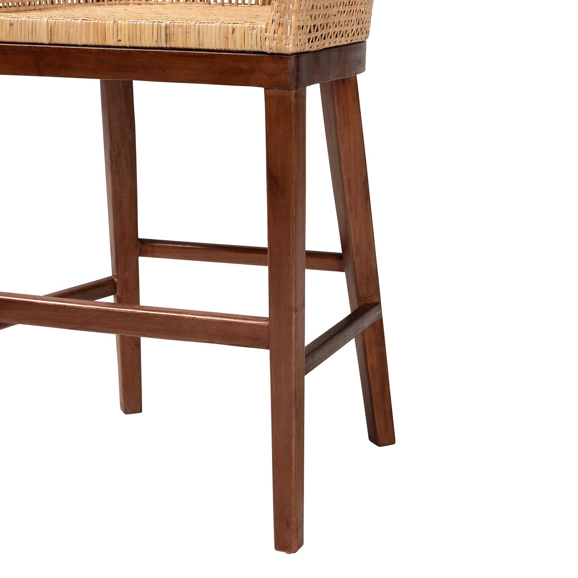 Alt View 2. bali & pari - Papua Modern Bohemian Natural Rattan and Walnut Acacia Wood Counter Stool - Natural Brown/Walnut Brown.