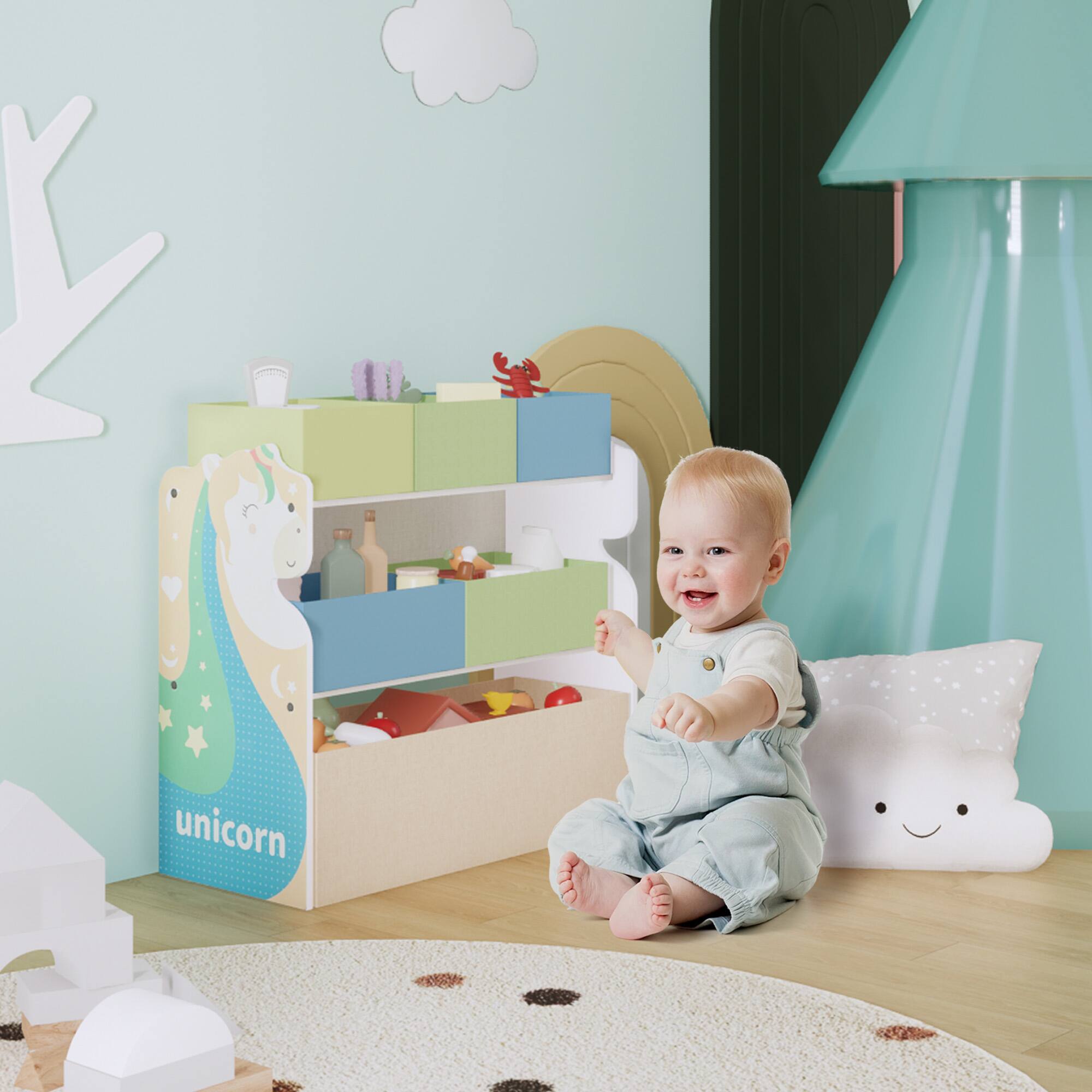 Alt View 1. Malletson - Toy Storage Organizer for Kids - Multi-Compartment Toy and Book Rack with Fabric Bins - Multicolor.