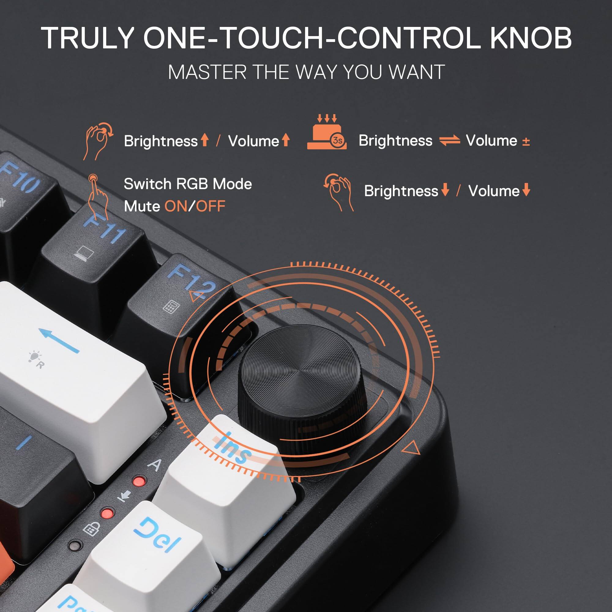 TRULY ONE-TOUCH-CONTROL KNOB  
MASTER THE WAY YOU WANT  

F10  
Brightness / Volume  

F11  
Switch RGB Mode  
Mute ON/OFF  

F12  
Brightness / Volume  

Brightness ↑ / Volume ↑  
Brightness ↓ / Volume ↓  

Brightness  
Volume ±