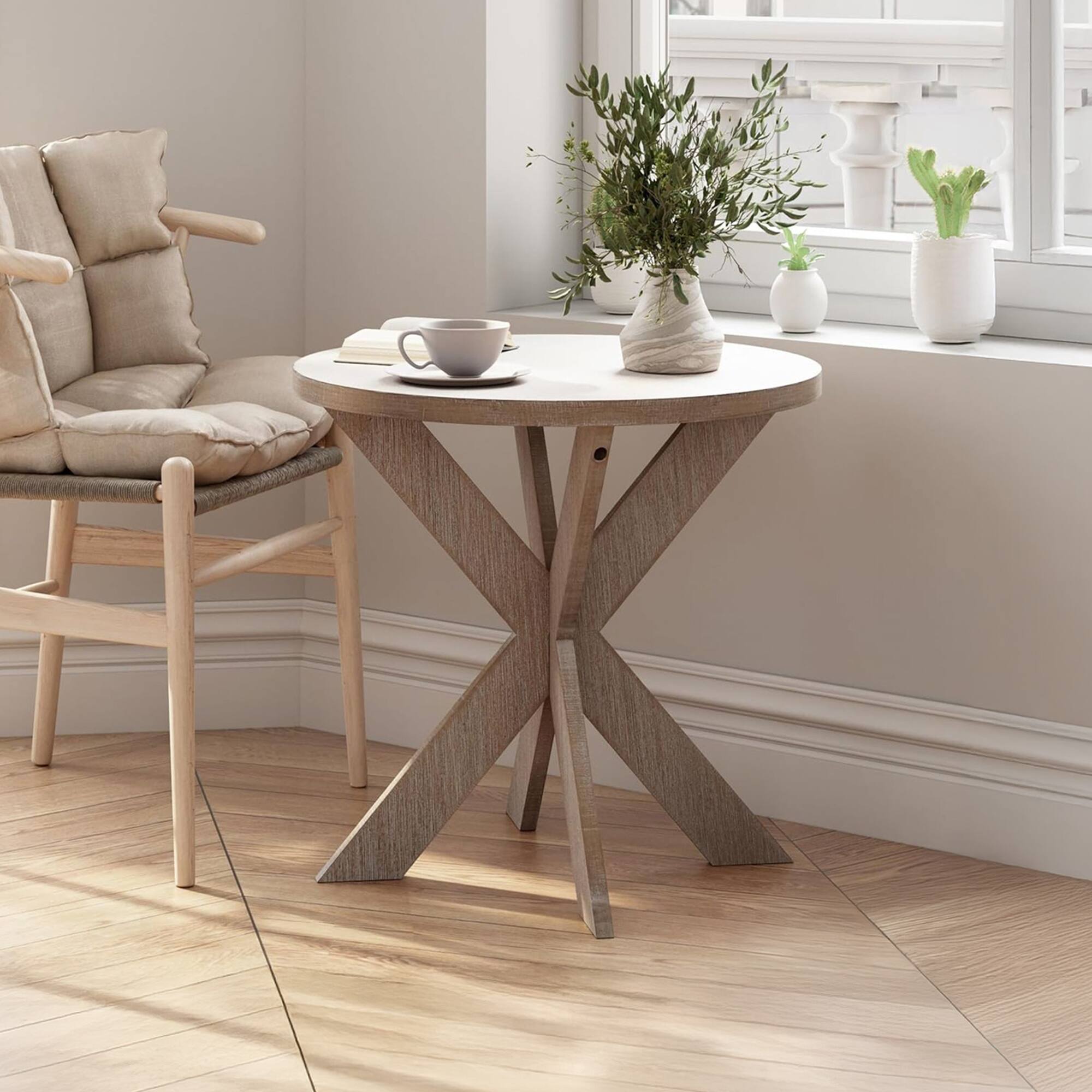 Alt View 5. COZAYH - COZAYH Farmhouse Round Wooden End Table with Cross Legs, Vintage Grey Finish - Vintage Grey.