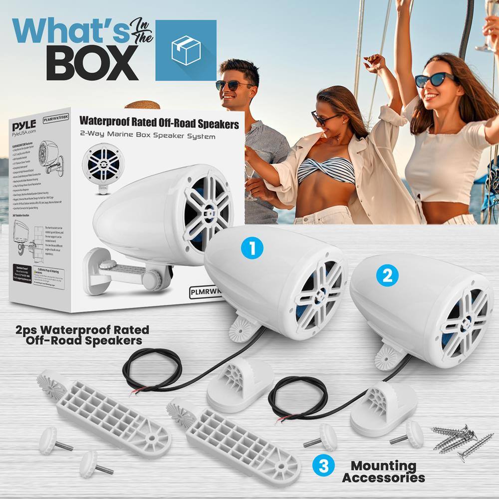 What's In The BOX

Waterproof Rated Off-Road Speakers  
2-Way Marine Box Speaker System

1. 2ps Waterproof Rated Off-Road Speakers

2. Mounting Accessories