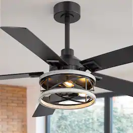 Breezary - 52-Inch Ceiling Fan with Light, 5 Reversible Blades, E12 Bulb Base, DC Motor, Includes two Downrods - Black