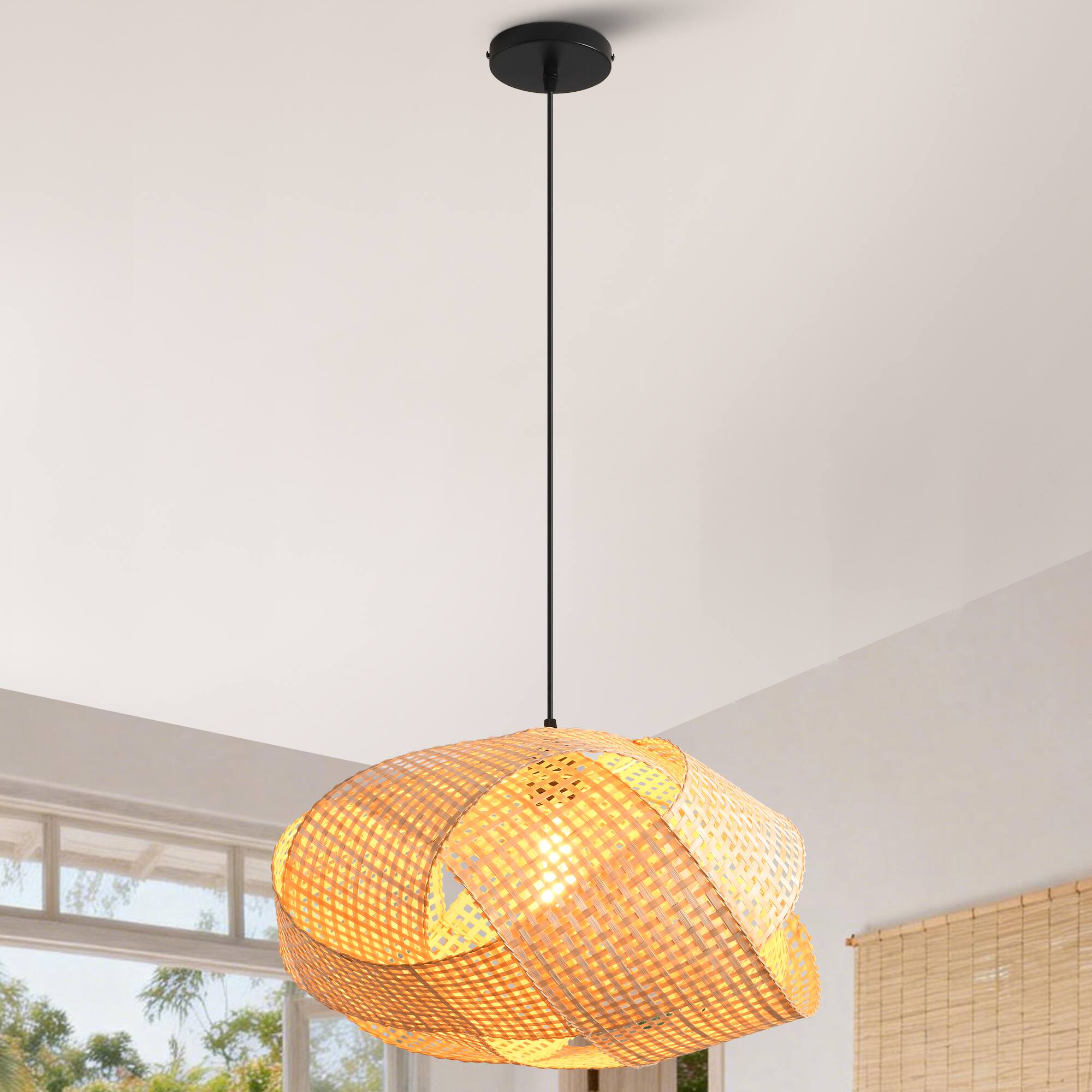 Back. Parrot Uncle - 1-Light Personalized Design Rustic Bamboo Hand-Woven Pendant Lamp.