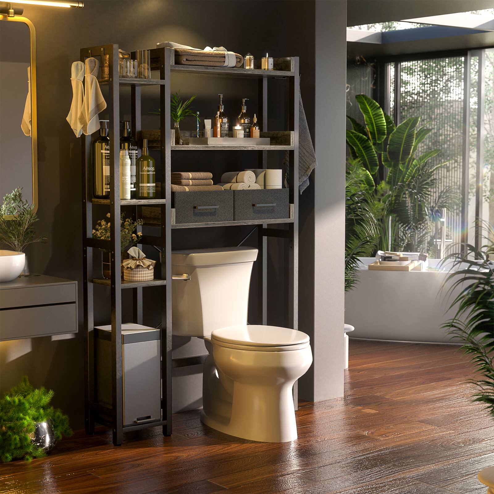Alt View 5. Aheaplus - Over the Toilet Storage with 2 Drawers, 7-Tier Freestanding Space Save Bathroom Organizer Shelf with 4 Hooks - Gray Oak.