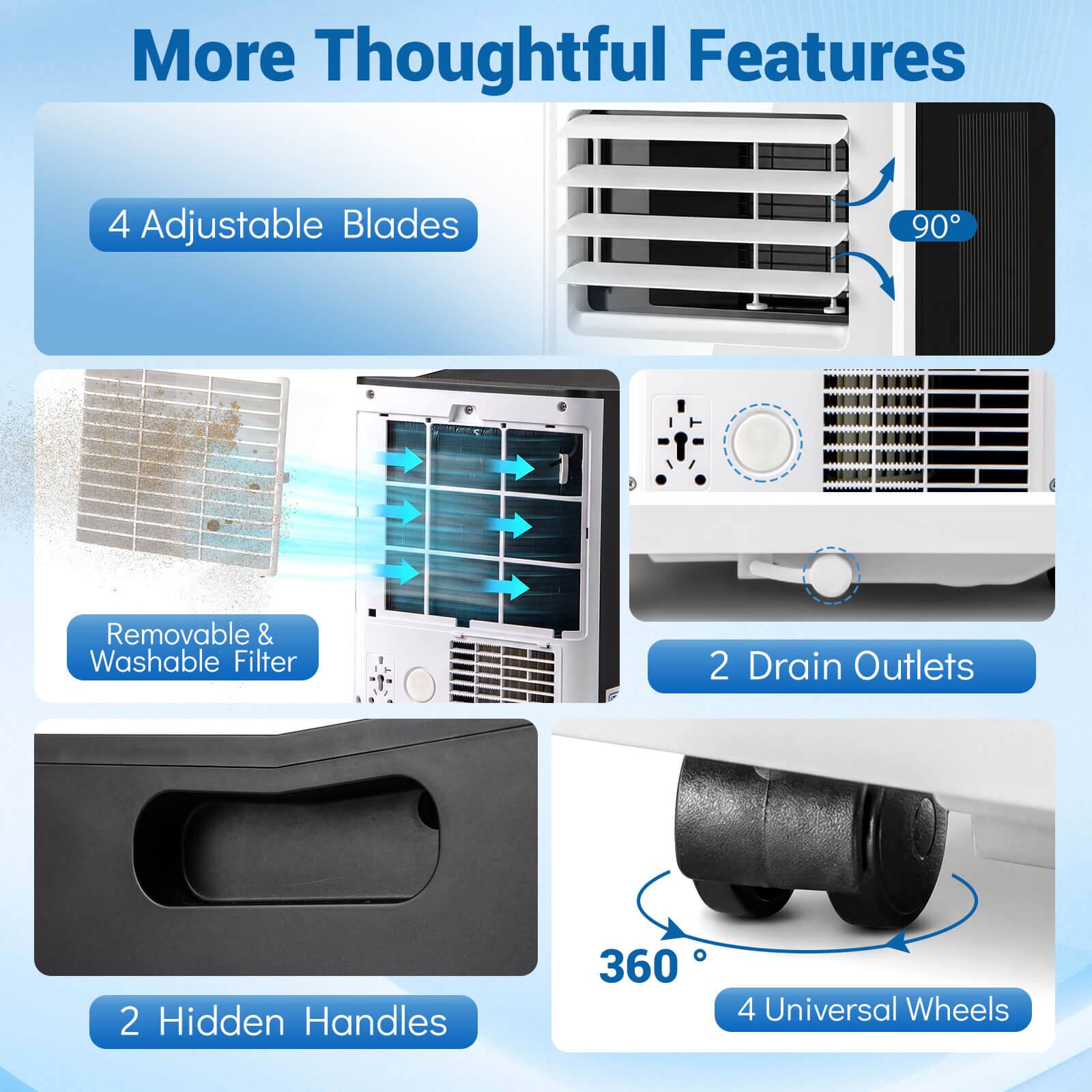 More Thoughtful Features

- 4 Adjustable Blades
- 90°
- Removable & Washable Filter
- 2 Drain Outlets
- 2 Hidden Handles
- 360°
- 4 Universal Wheels