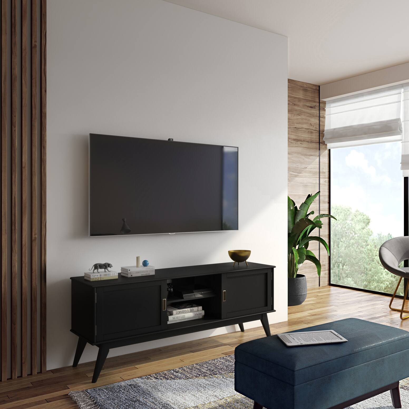 Angle. Simpli Home - Draper SOLID HARDWOOD 60 inch Wide Mid Century Modern TV Media Stand in Black For TVs up to 65 inches - Black.