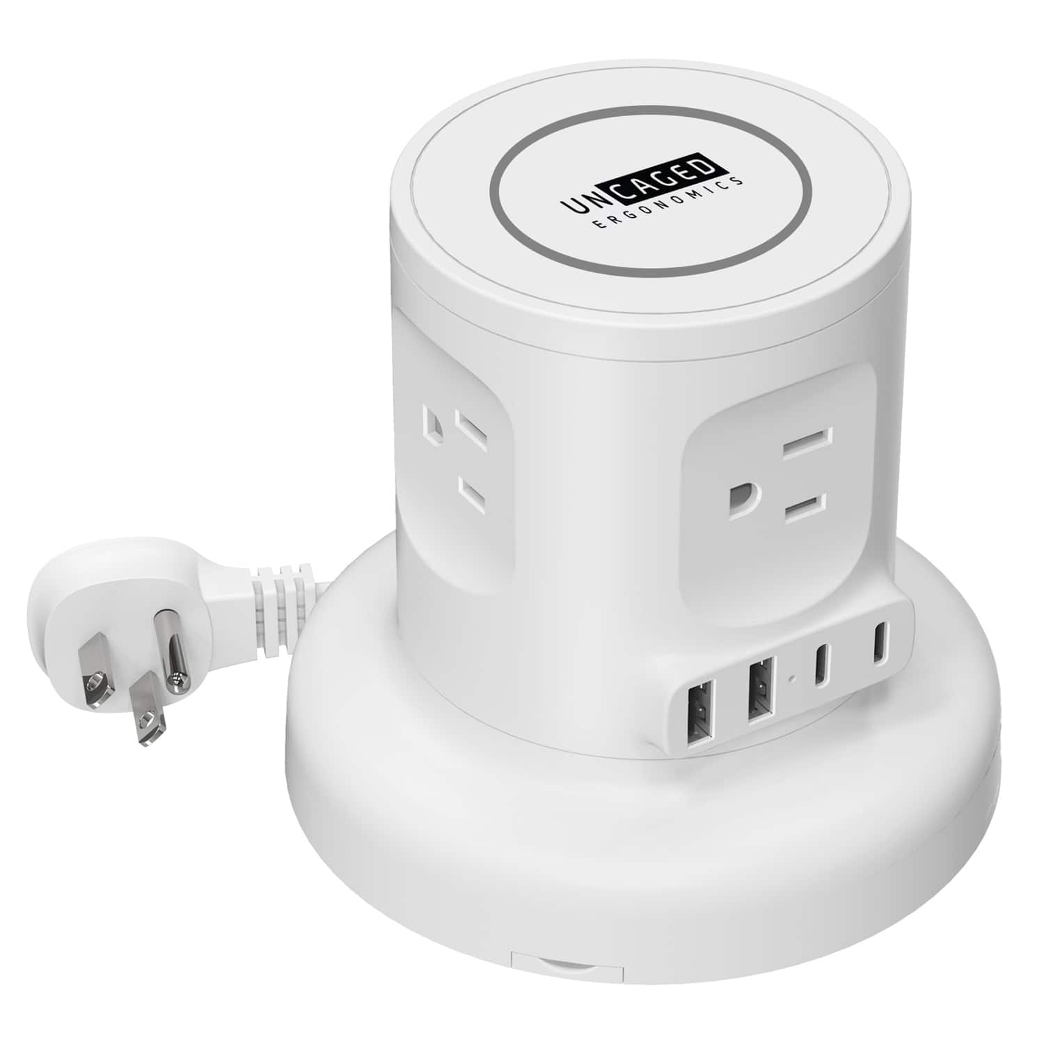 Uncaged Ergonomics - 4-Outlet, 4-USB Port, Wireless Charging Pad Power Strip, Auto-Retracting 6 ft Cord - White