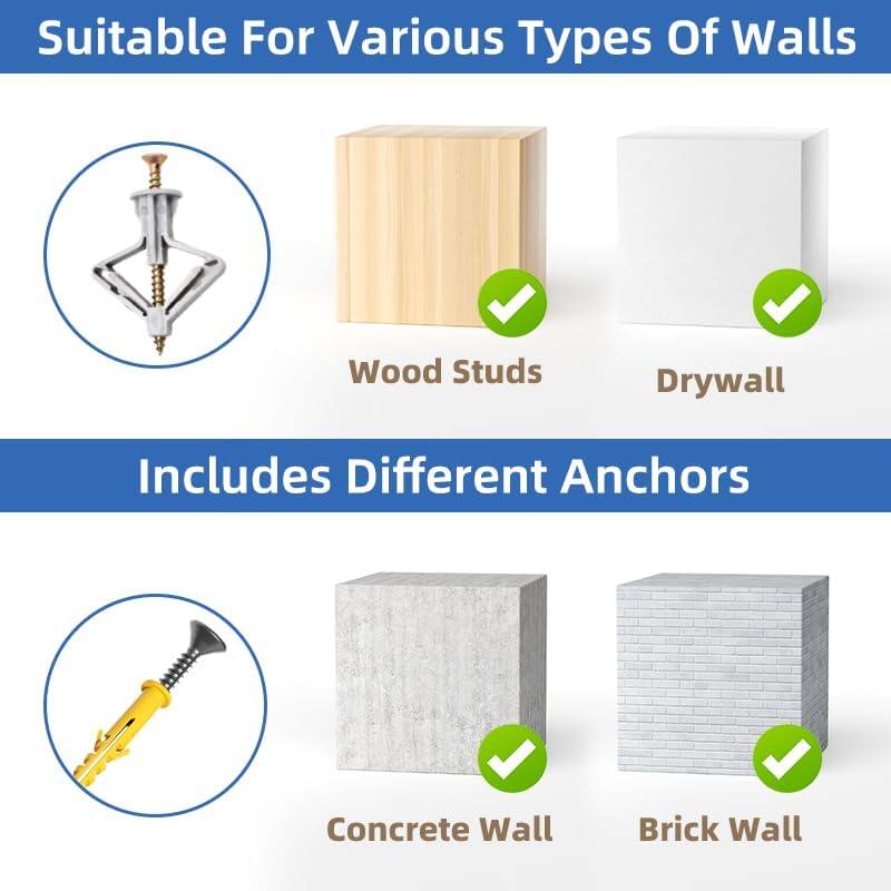 Suitable For Various Types Of Walls

- Wood Studs
- Drywall

Includes Different Anchors

- Concrete Wall
- Brick Wall