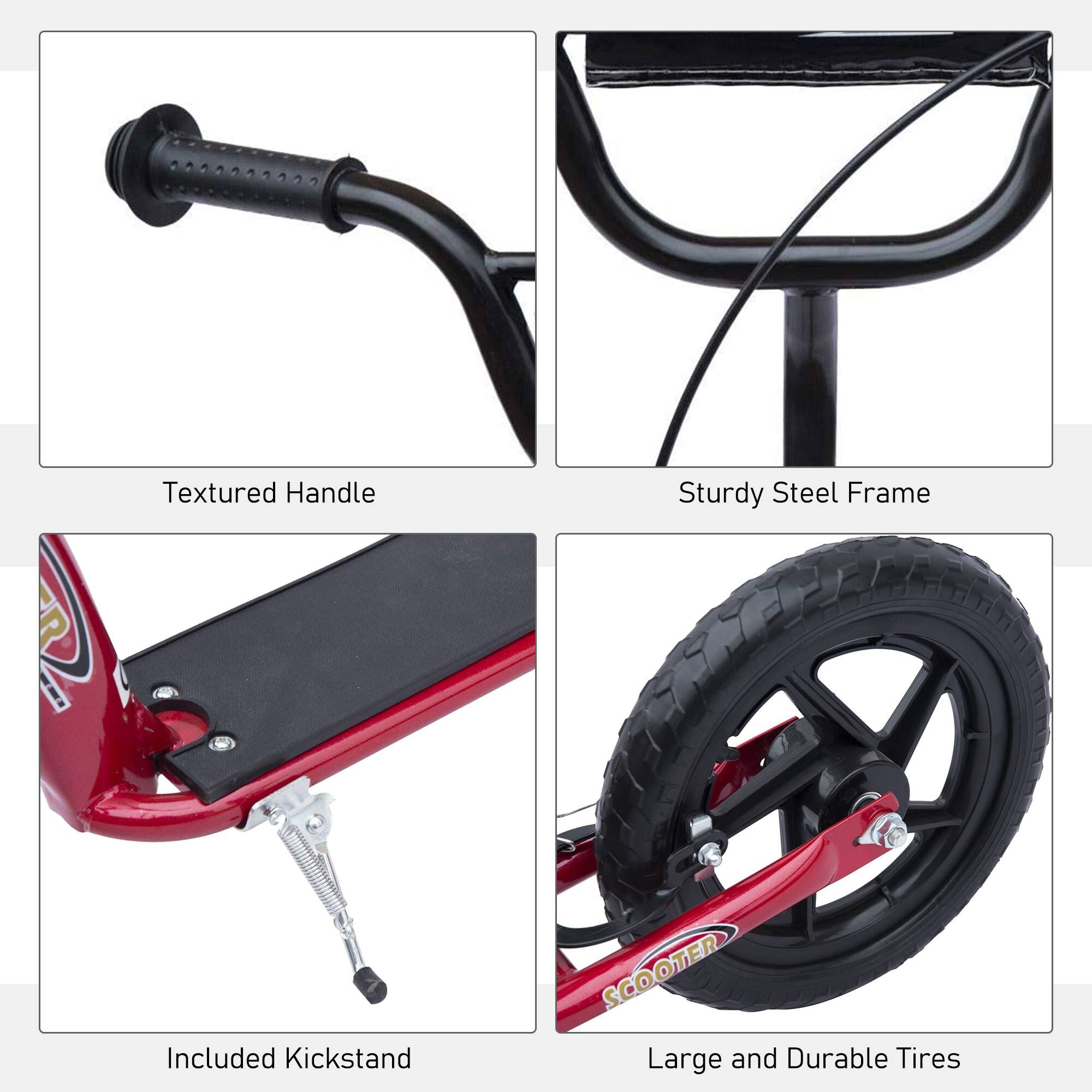 - Textured Handle
- Sturdy Steel Frame
- Included Kickstand
- Large and Durable Tires