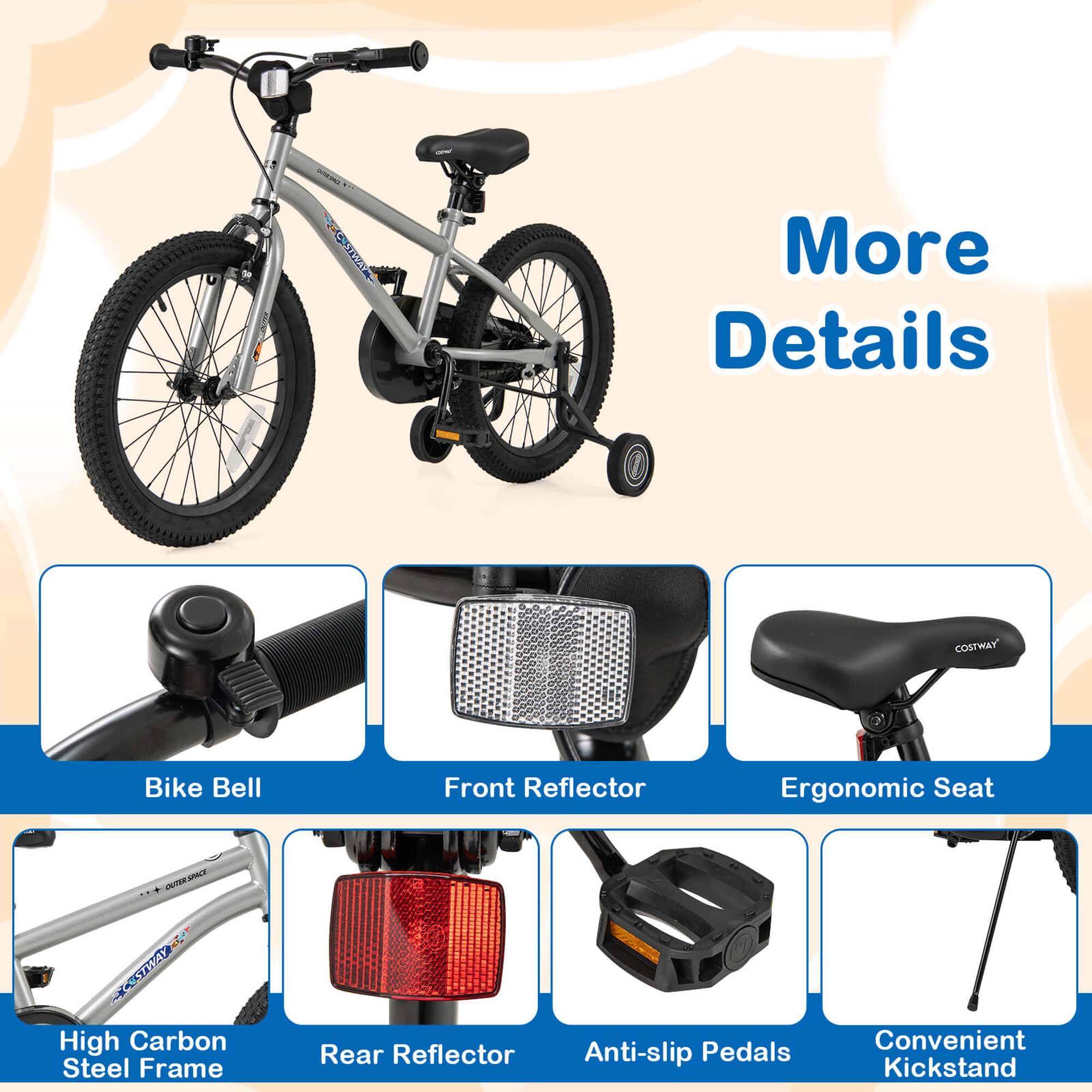 More Details

- Bike Bell
- Front Reflector
- Ergonomic Seat
- High Carbon Steel Frame
- Rear Reflector
- Anti-slip Pedals
- Convenient Kickstand