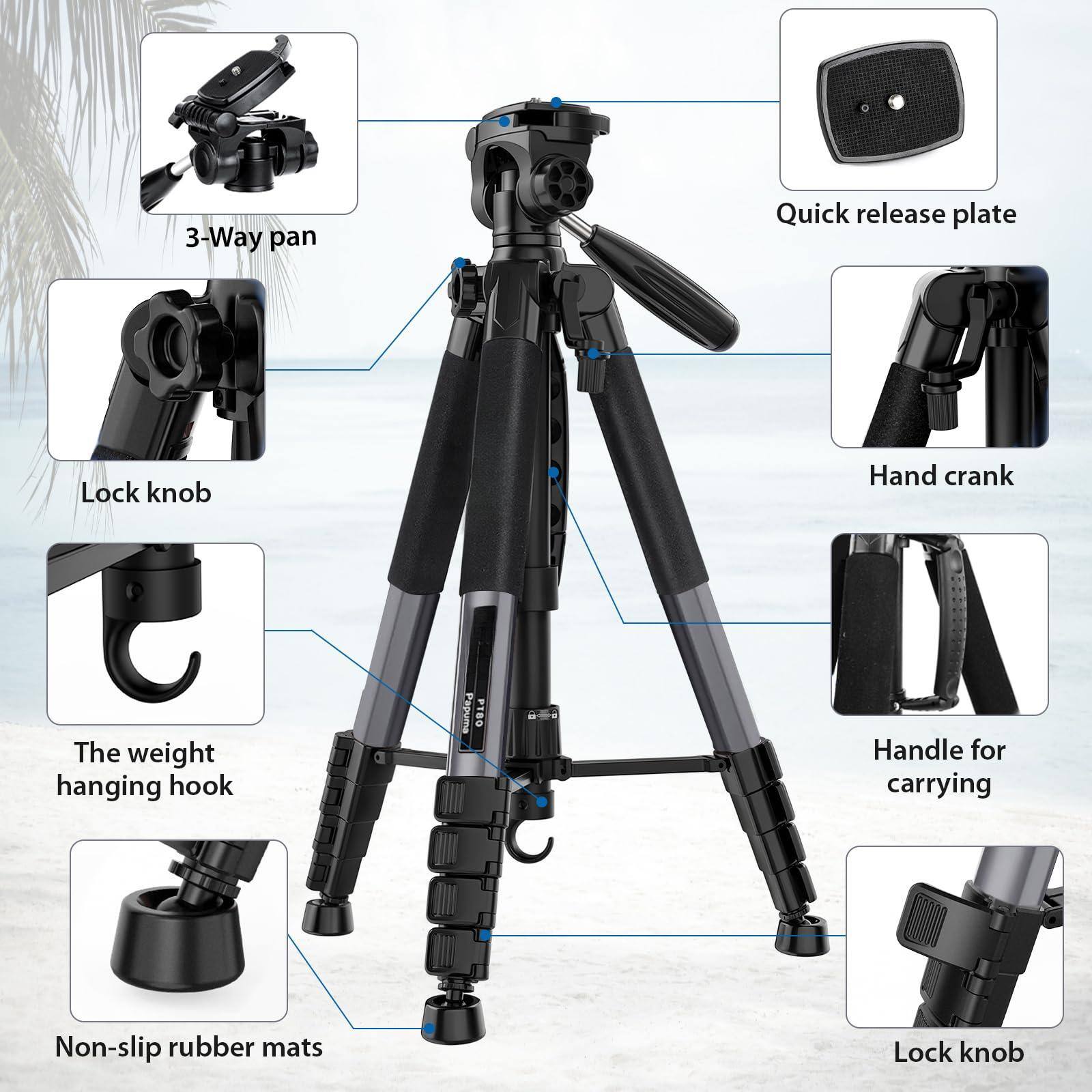 - 3-Way pan
- Quick release plate
- Lock knob
- Hand crank
- The weight hanging hook
- Handle for carrying
- Non-slip rubber mats
- Lock knob