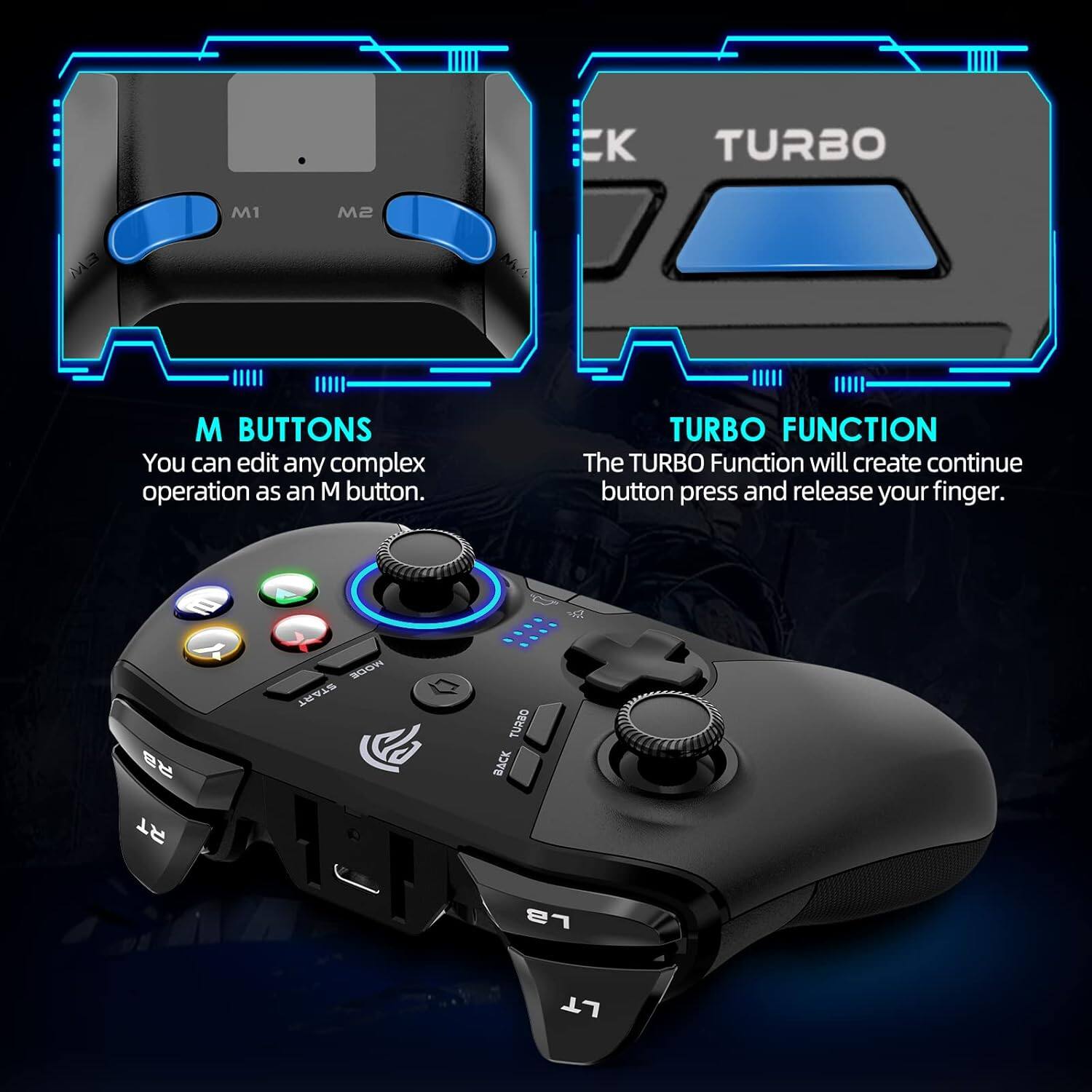 **M BUTTONS**  
You can edit any complex operation as an M button.

**TURBO FUNCTION**  
The TURBO Function will create continue button press and release your finger.