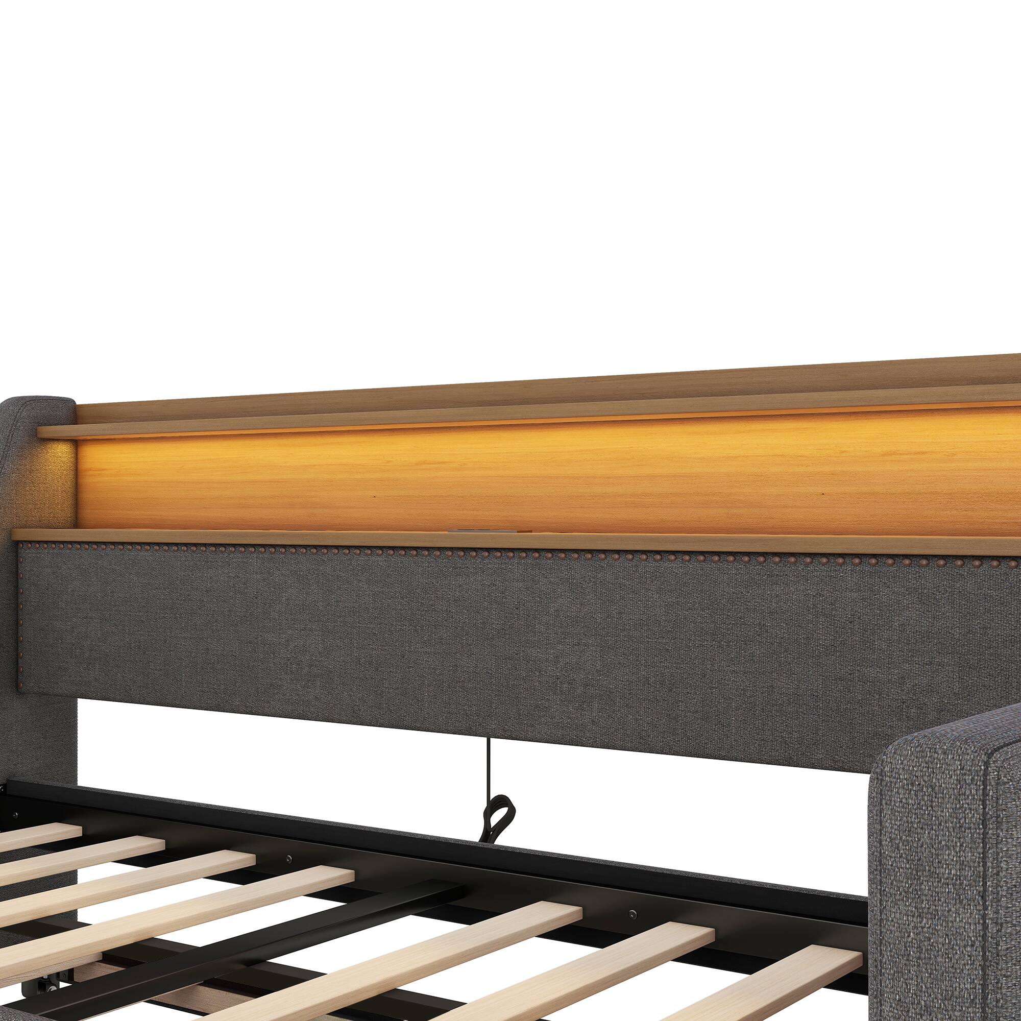 Alt View 1. PexFix - Twin Daybed with Trundle, LED Lights & Charging Station, Upholstered Bed for Guest Room - Gray.