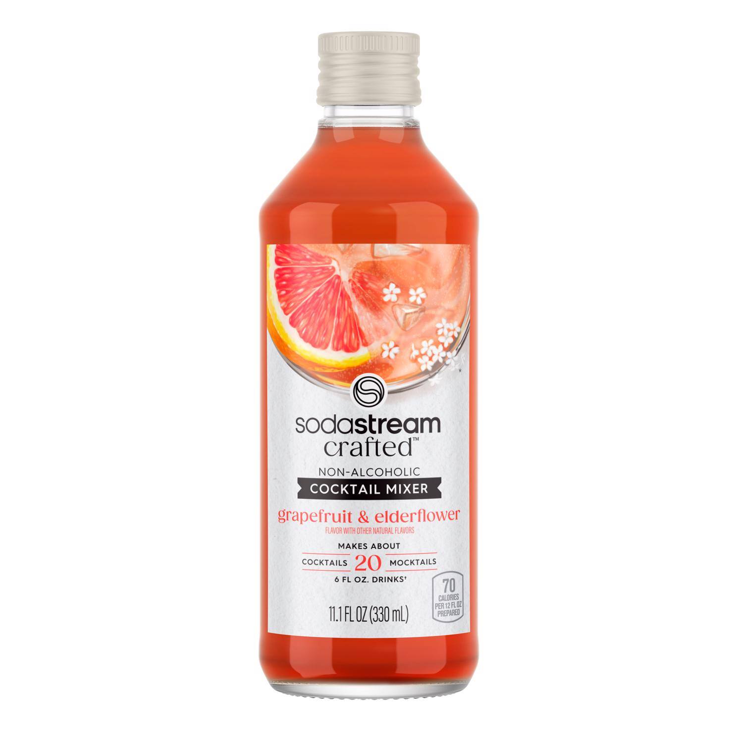 sodastream crafted NON-ALCOHOLIC COCKTAIL MIXER grapefruit & elderflower FLAVOR WITH OTHER NATURAL FLAVORS  
MAKES ABOUT 20 COCKTAILS 6 FL OZ. DRINKS' 70 CALORIES PER 12 FL OZ 11.1 FL OZ (330 mL) PREPARED
