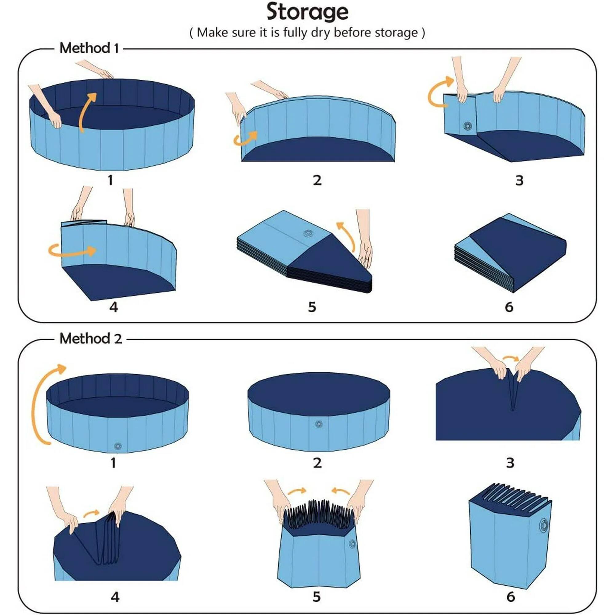 Storage  
(Make sure it is fully dry before storage)  

Method 1  
1  
2  
3  
4  
5  
6  

Method 2  
1  
2  
3  
4  
5  
6