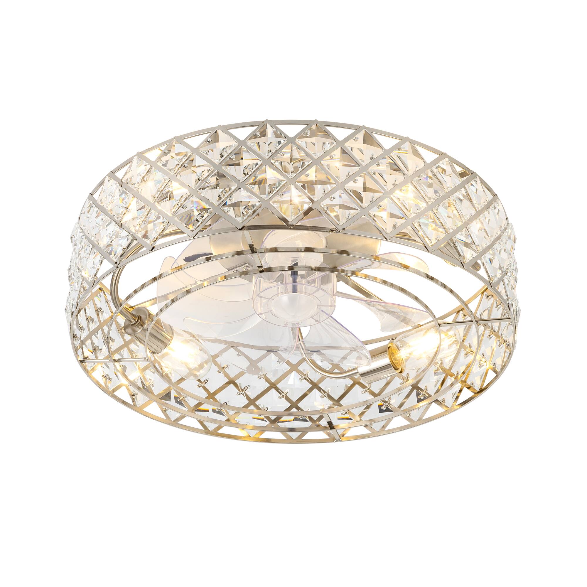 Angle. Breezary - 19-Inch Ceiling Fan with Crystal Cage Shade, 7 Transparent ABS Blades, DC Motor, 6-Speed Remote Control, Timer, E26 Base - Satin Nickel.