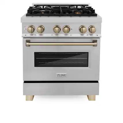 Front. ZLINE - ZLINE Autograph 30 in. Legacy Dual Fuel Range in Satin Steel & Bronze Accents (RASZ-SN-30-CB) - Stainless steel.