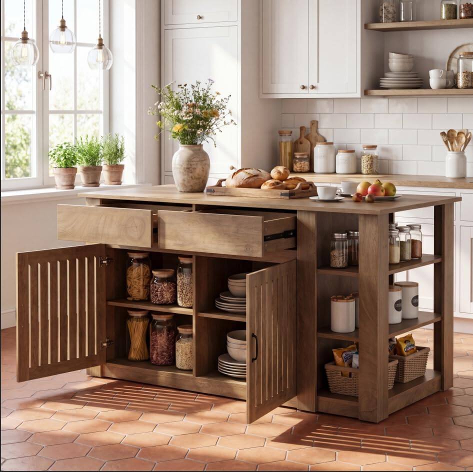 Alt View 1. Tribesigns - 71" Large Kitchen Island with Storage Cabinet, Drawers, Seating - Brown.
