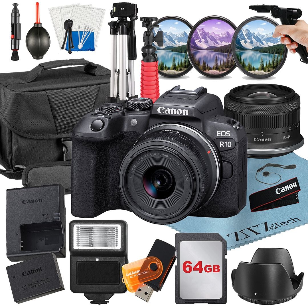 Canon - EOS R10 Mirrorless Camera with 18-45mm Lens + 64GB Card + Case + ZeeTech Bundle - Black