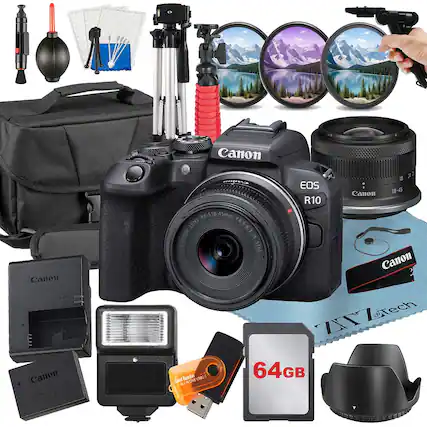 Canon EOS R10
Canon 18-45mm Lens
Canon Battery Pack LP-E17
Canon Charger
Canon 64GB SD Card
Canon Lens Cap
Canon Lens Hood
Canon Cleaning Kit
Canon Tripod
Canon Remote Shutter Release
Canon Cleaning Spray
Canon Cleaning Brush
Canon Cleaning Cloth
Canon Lens Cleaning Screen
Canon Lens Cleaning Pen
Canon Lens Cleaning Kit