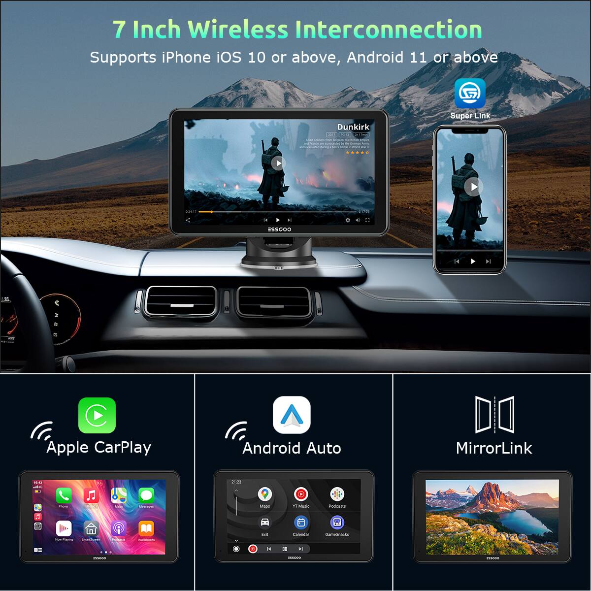 7 Inch Wireless Interconnection  
Supports iPhone iOS 10 or above, Android 11 or above  

Dunkirk - S AINA - - I - - -  - -. - I - - - i  I Super Link .m.. 8 ESS00D  

a & - Apple CarPlay Android Auto MirrorLink - - AN  

- nn Mops 1 Mua Putran - maT cnptican - tuR Galena SaneStarks .. 4 D - - -