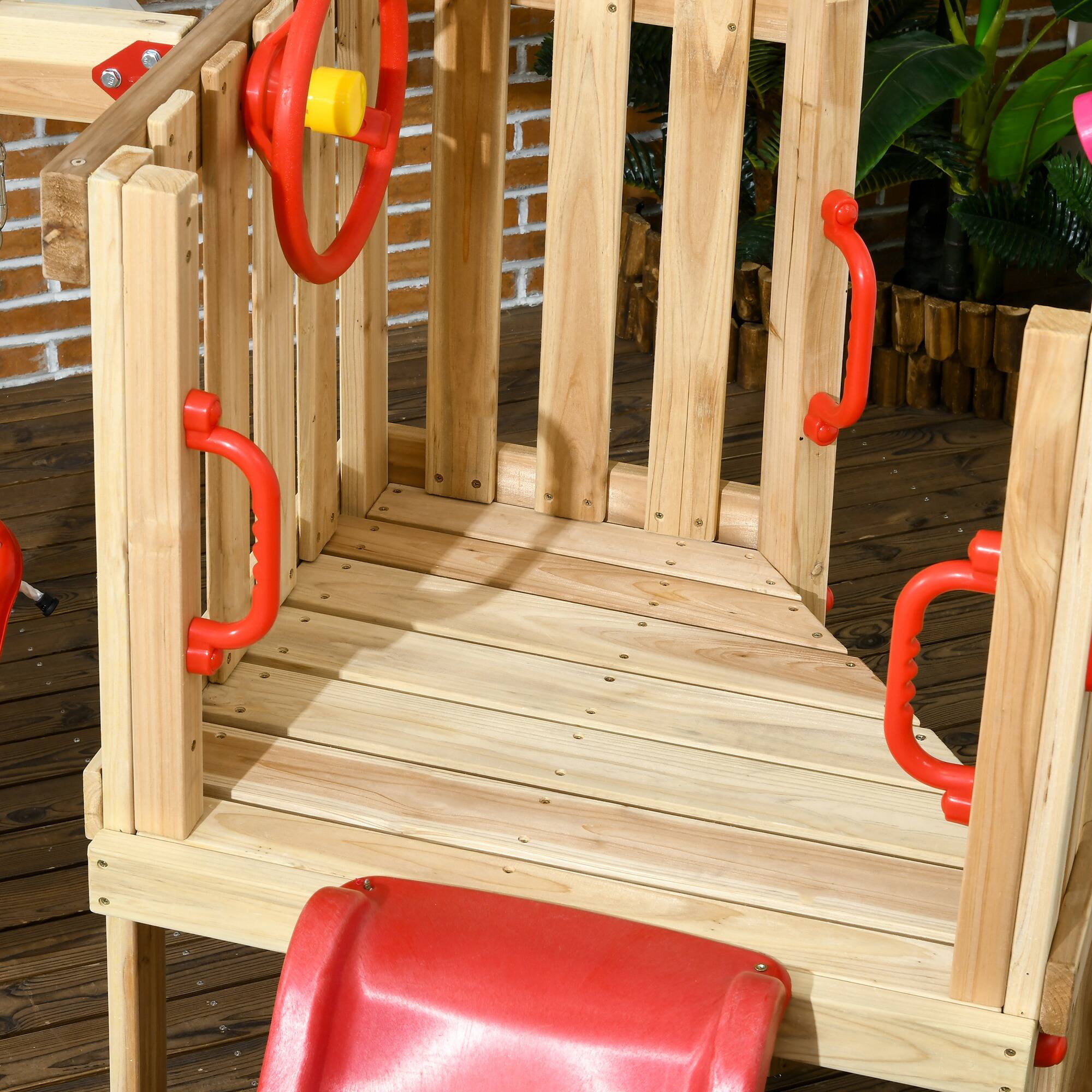 Alt View 4. Outsunny - 4 in 1 Wooden Swing Set, Outdoor Playset, Baby Swing Seat, Toddler Slide, Captain's Wheel, Horn, Backyard.