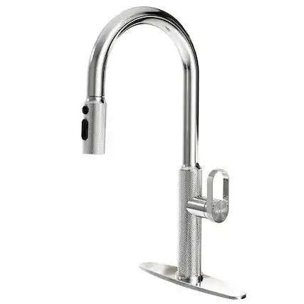 Front. ENZE - Pull-Out Kitchen Faucet with 360° Swivel Modern Black Rubber Neck Single Handle Single Hole Sink Faucet 2 Spray Modes - Chrome.