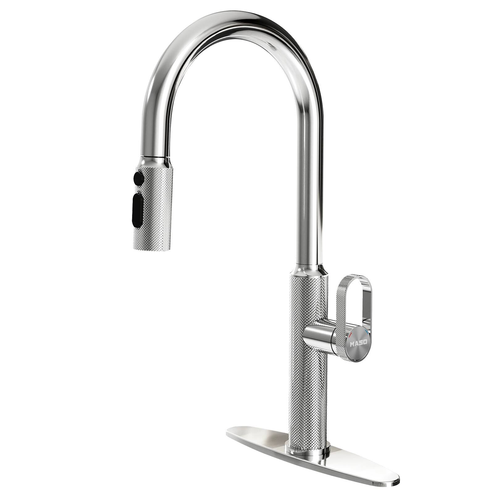 Front. ENZE - Pull-Out Kitchen Faucet with 360° Swivel Modern Black Rubber Neck Single Handle Single Hole Sink Faucet 2 Spray Modes - Chrome.