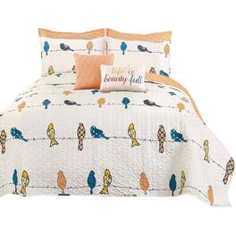 Hivvago - King size Floral Birds On Wire 7 Piece Lightweight Quilt Set - Orange White Blue