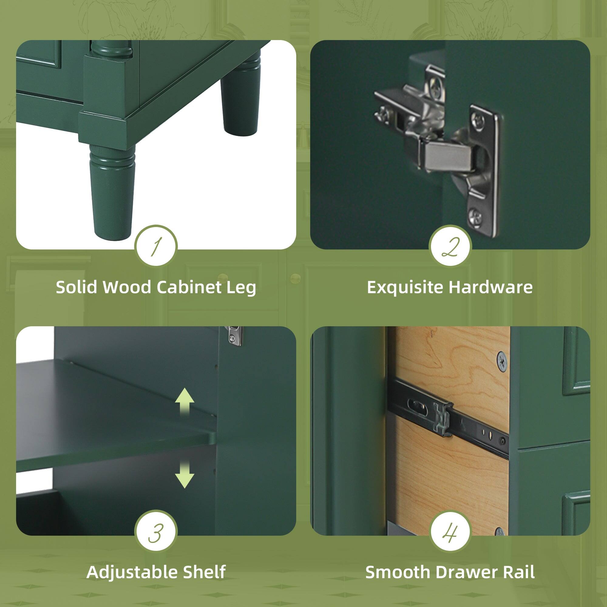 1. Solid Wood Cabinet Leg  
2. Exquisite Hardware  
3. Adjustable Shelf  
4. Smooth Drawer Rail