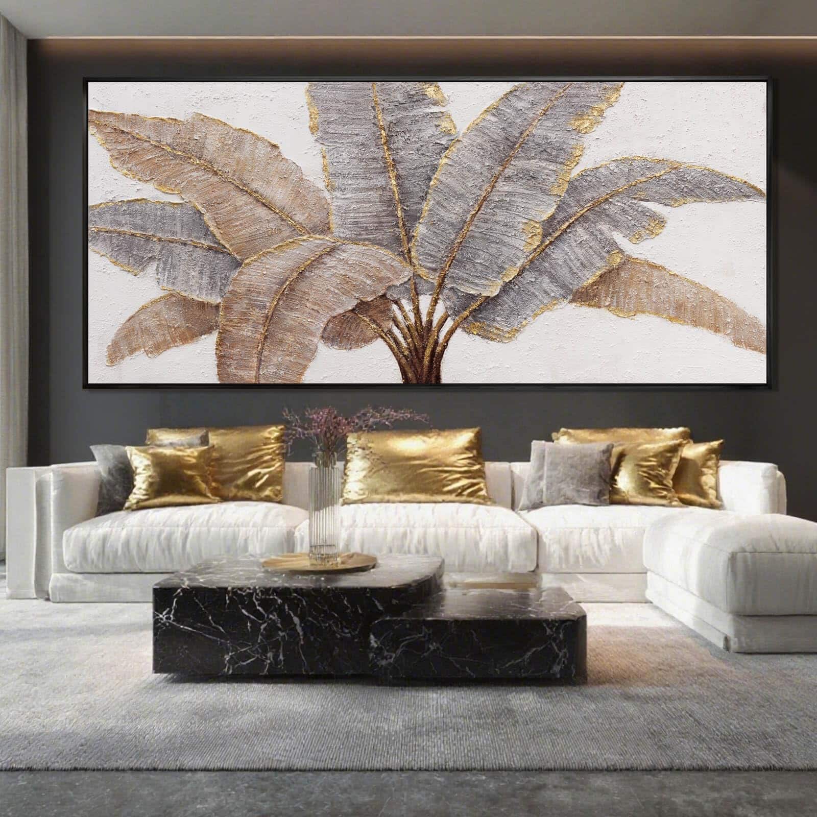 Hanke - Canvas Wall Decor Textured Art Leaves Artwork Living Room Office Contemporary Plant 70 x 32 inches - Beige 70"L x 32"W