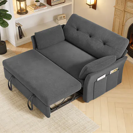 I bought a beautiful sofa bed for $500.88. It's a modern design with a gray fabric cover and a pull-out bed.