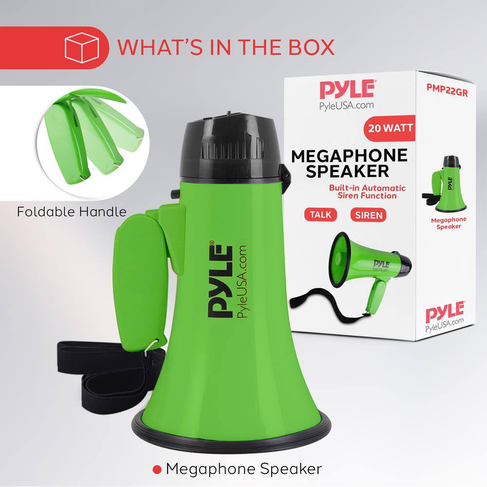 WHAT'S IN THE BOX

- Foldable Handle
- Megaphone Speaker

PYLE  
PyleUSA.com  
PMP22GR  
20 WATT  
MEGAPHONE SPEAKER  
Built-in Automatic Siren Function  
TALK SIREN  

Megaphone Speaker