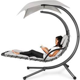 Best Choice Products - Hanging Curved Chaise Lounge Chair Swing for Backyard, Patio w/ Pillow, Shade, Stand - White Sand