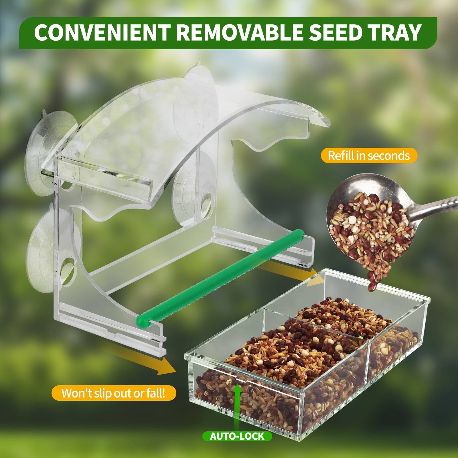 CONVENIENT REMOVABLE SEED TRAY

Refill in seconds

Won't slip out or fall!

AUTO-LOCK