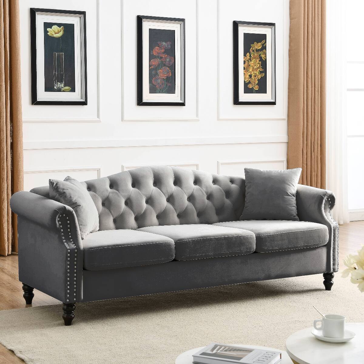 Back. Ropilly - Ropilly Grey Velvet Chesterfield Sofa, 79 Inch 3 Seater Tufted Couch for Living Room - Grey.