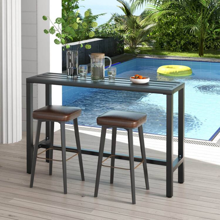 Left. Mondawe - 48/55 Inch Outdoor Bar Table with Slatted Top and Metal Frame for Patio Poolside - Black.