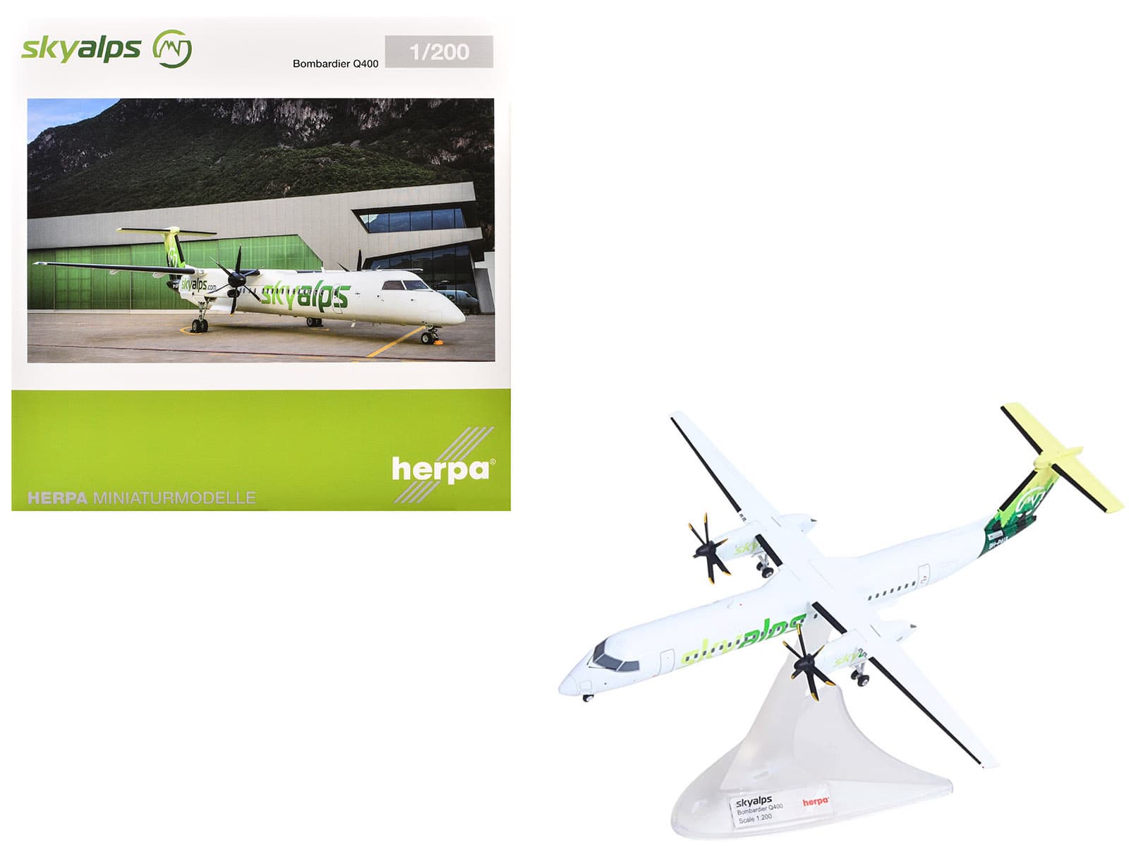 Bombardier Q400 Commercial Aircraft "Sky Alps" (9H-PAUL) White with Green Tail Graphics 1/200 Diecast Model by Herpa - Multi