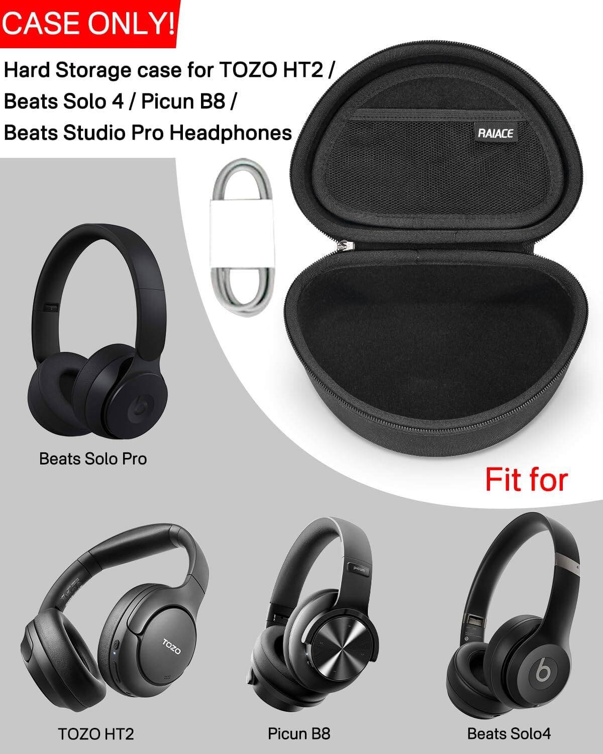 Front. ACJPR - Hard Travel Case for Beats & TOZO Headphones – Protective, Black.