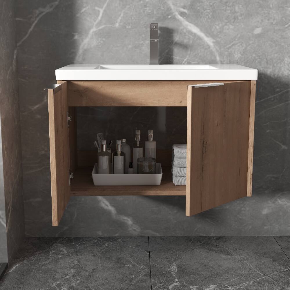 Back. Loheer - Loheer 30 Inch Floating Bathroom Vanity with Resin Sink, Imitative Oak Wall Mounted Cabinet - Imitative Oak.