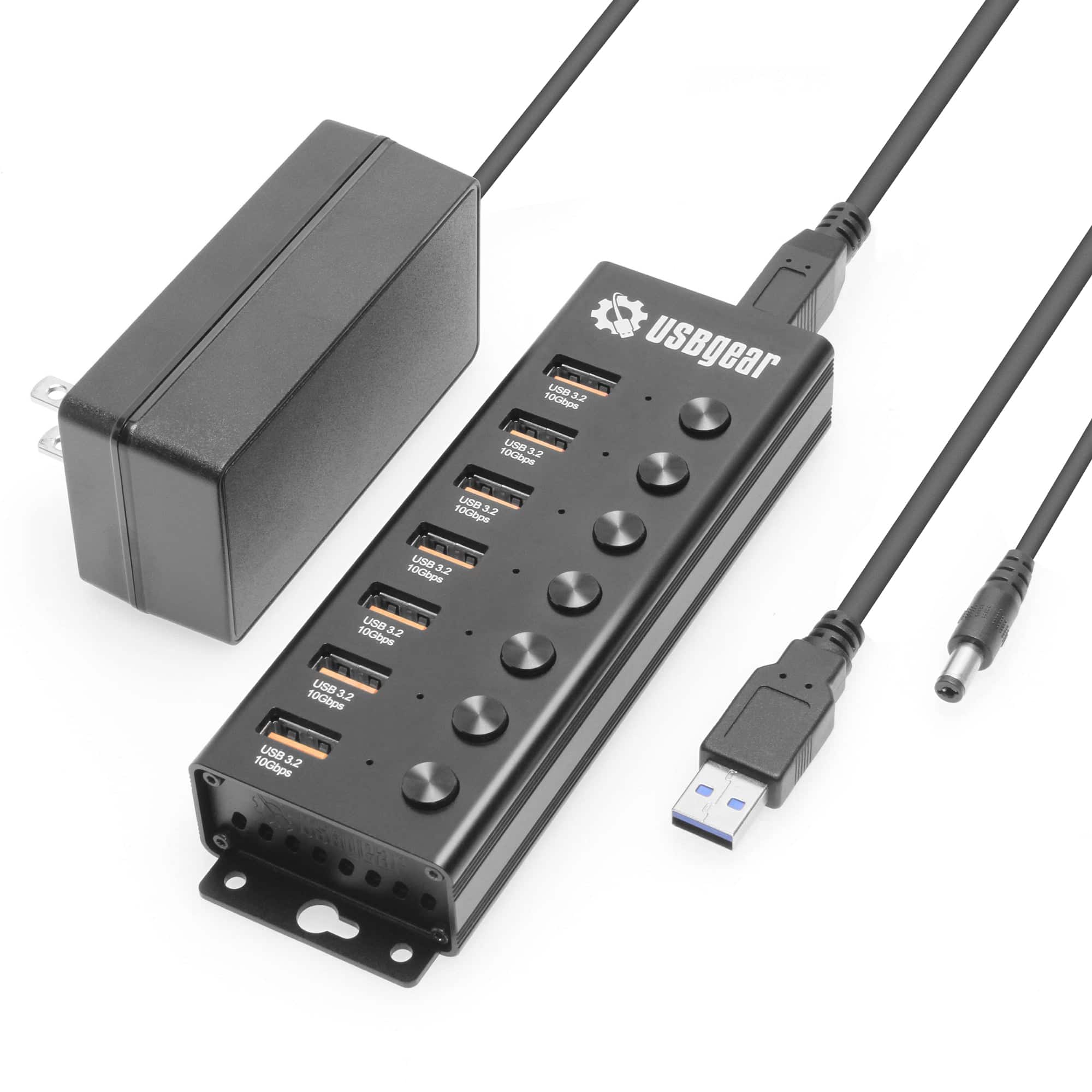 USBGear - 7-Port USB 3.2 Gen 2 Hub - 10Gbps - Individual Power Switches - Charging & Data - Includes Power Adapter - Black
