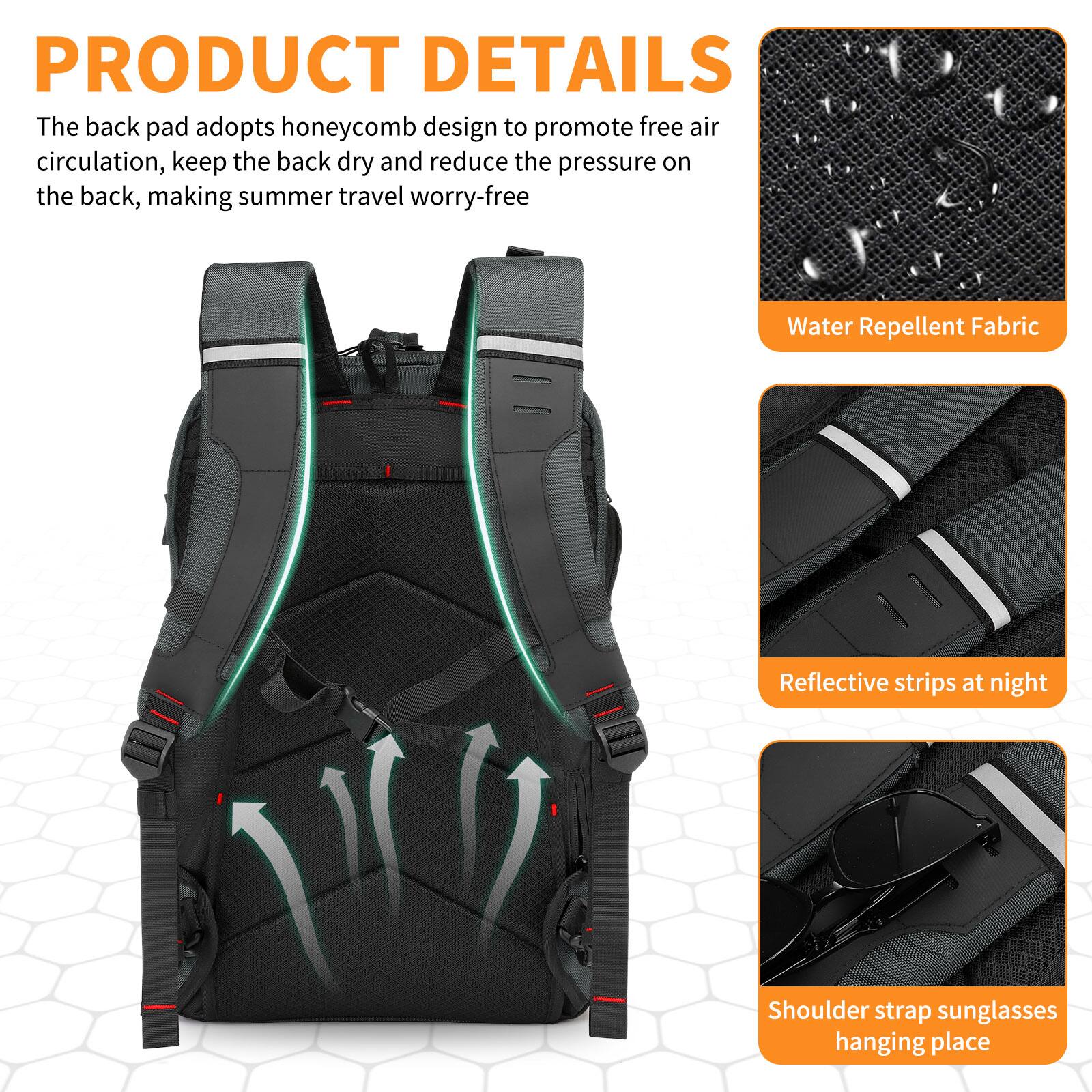 PRODUCT DETAILS

The back pad adopts honeycomb design to promote free air circulation, keep the back dry and reduce the pressure on the back, making summer travel worry-free

- Water Repellent Fabric
- Reflective strips at night
- Shoulder strap sunglasses hanging place