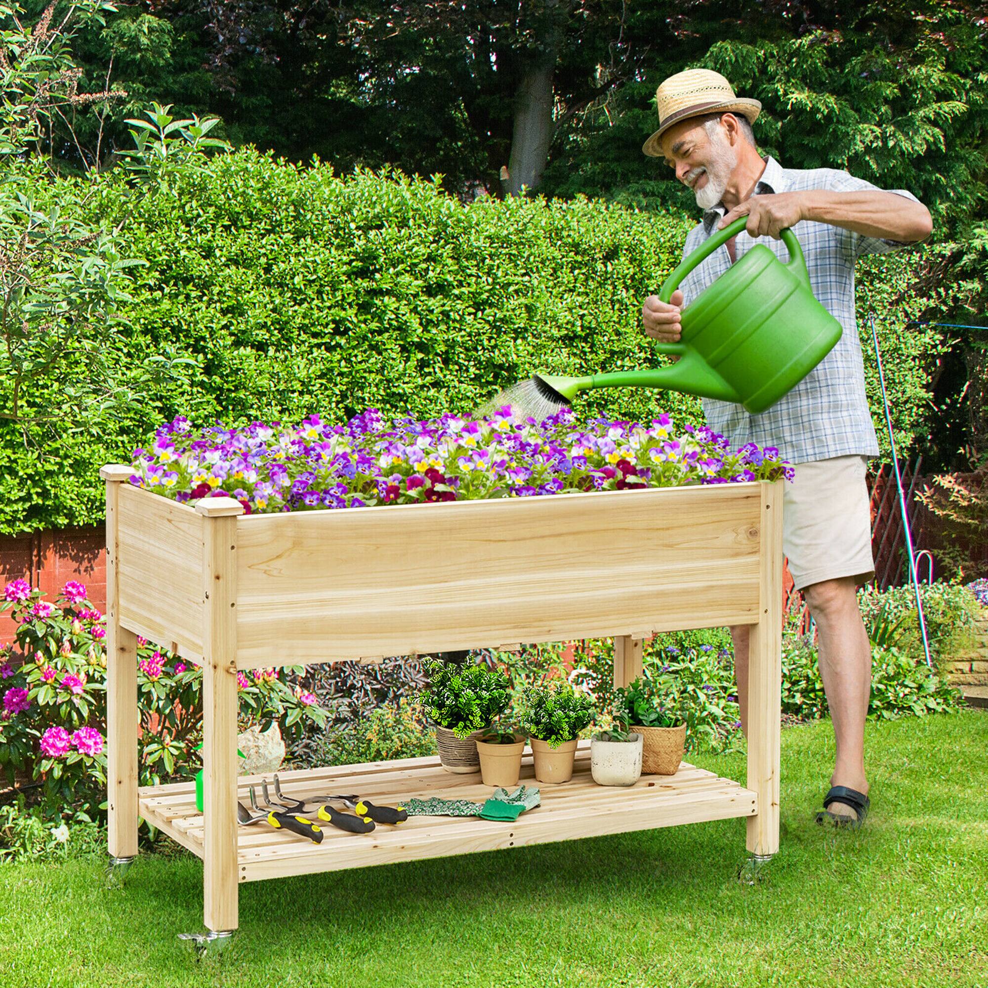 Alt View 2. Gymax - Gymax Raised Garden Bed Wood Elevated Planter Bed w/Lockable Wheels Shelf & Liner - Natural.