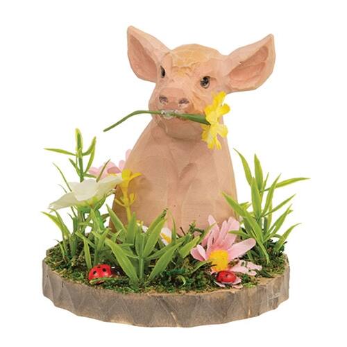 Front. BreeBe - Wooden Floral Pig Bust on Base - Multicolor.