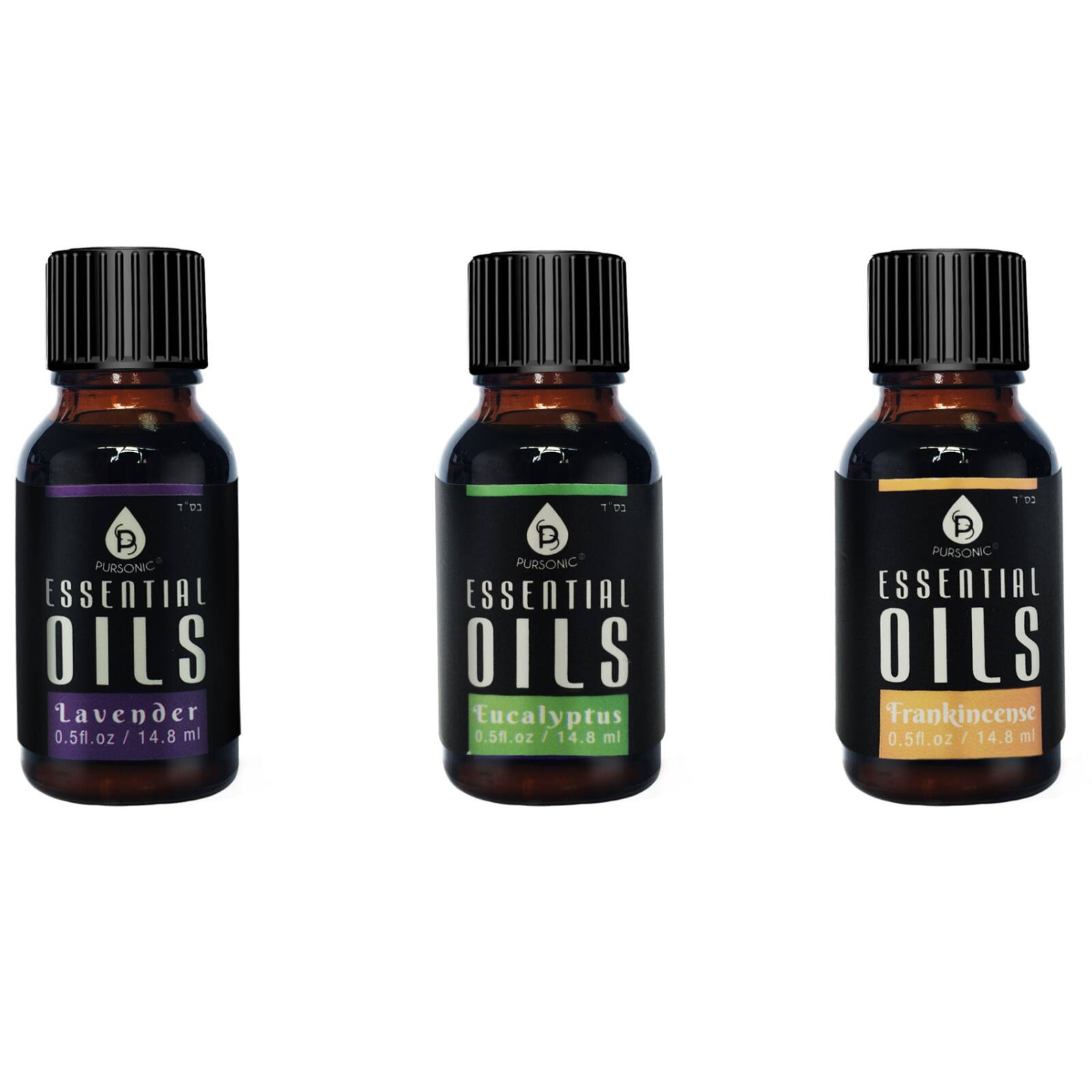 Pursonic - Aroma Therapy 3 Pack Essential Oils, Eucalyptus, Lavender and Frankincense - 15ml Bottles - Clear