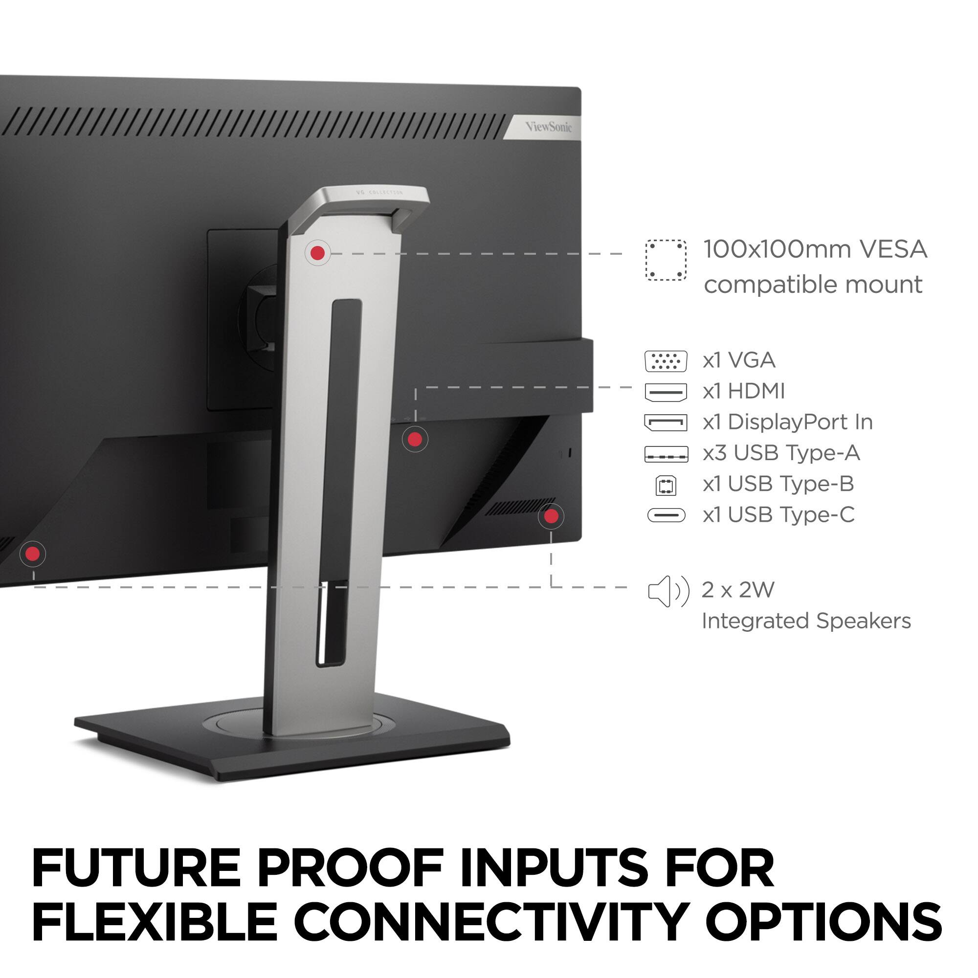 ViewSonic ws DELUETIIL 100x100mm VESA compatible mount - x1 VGA x1 HDMI x1 DisplayPort In x3 USB Type-A x1 USB Type-B x1 USB Type-C 2 x 2W Integrated Speakers FUTURE PROOF INPUTS FOR FLEXIBLE CONNECTIVITY OPTIONS